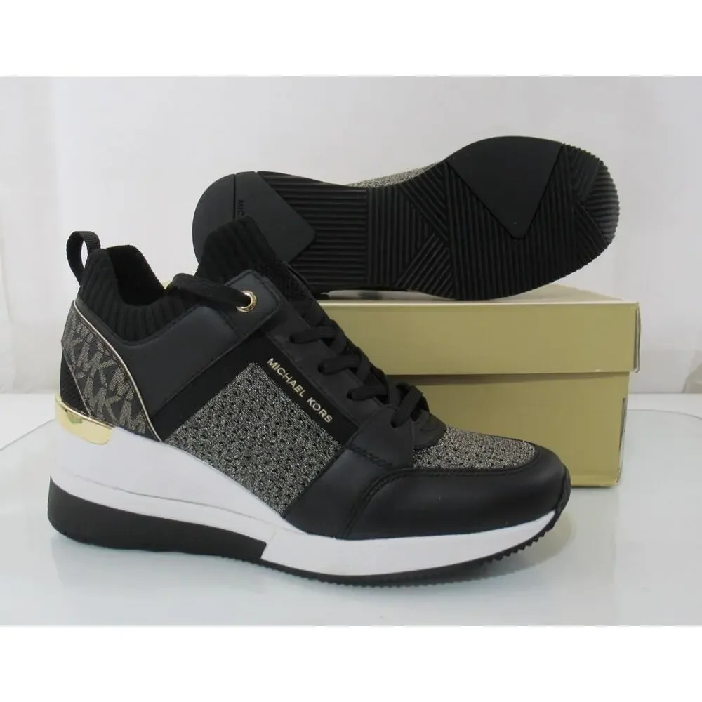 Michael Kors Georgie Knit Trainer Wedge Sneakers Laces MK Logo Black/Gold Size 8